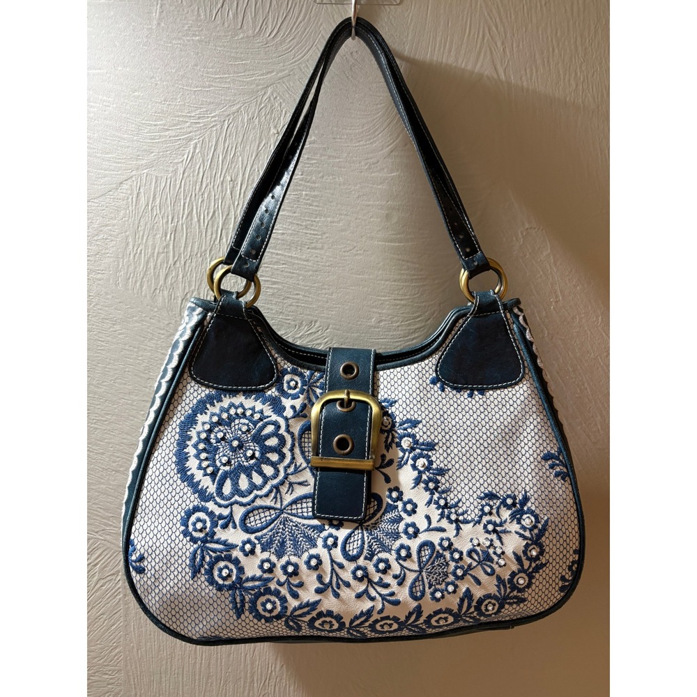 Isabella Fiore Blue Floral Embroidered Leather Shoulder Bag Buckle Detail